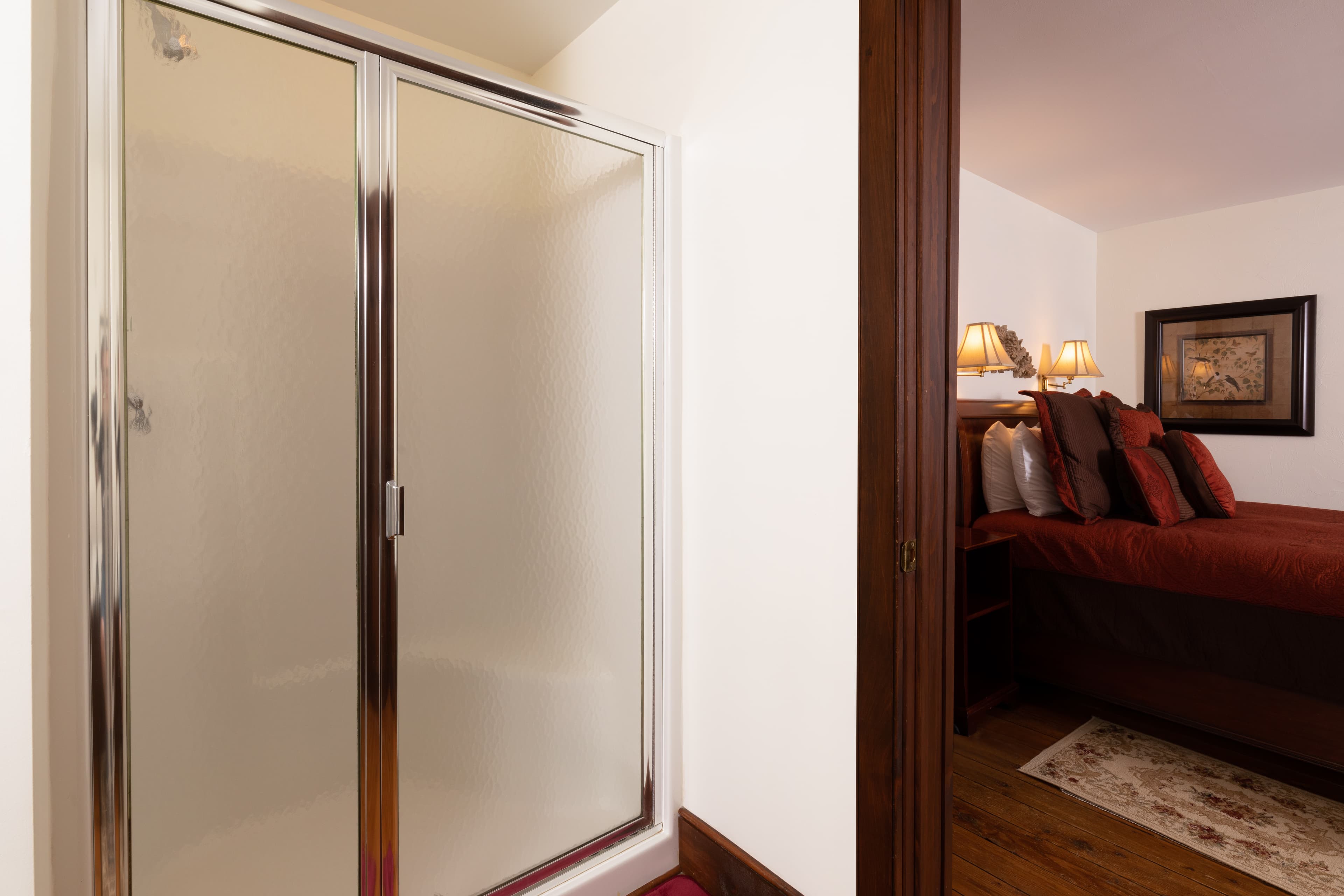 a large shower and view of the rest of the room