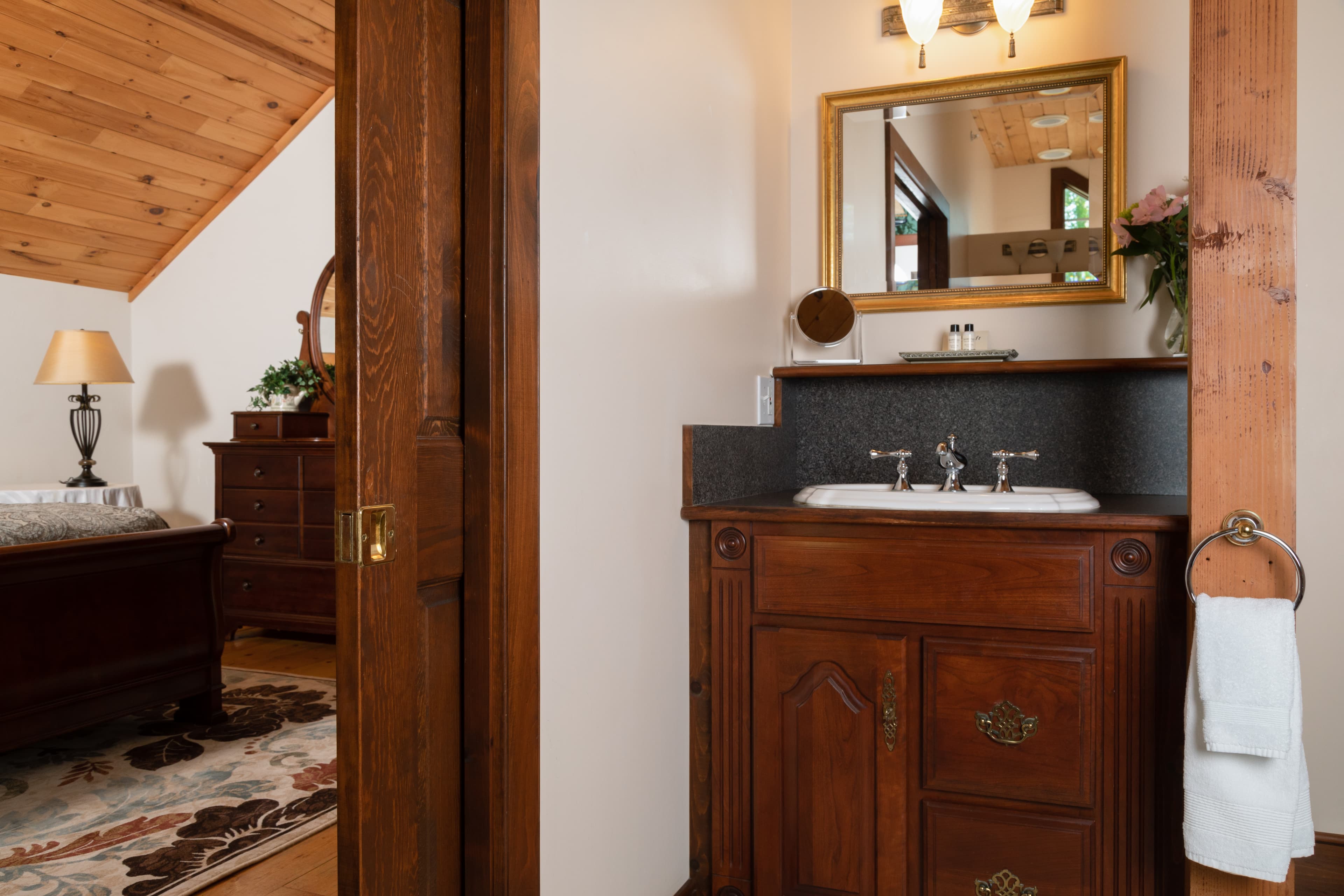 A bright clean vanity in a spacious bathroom