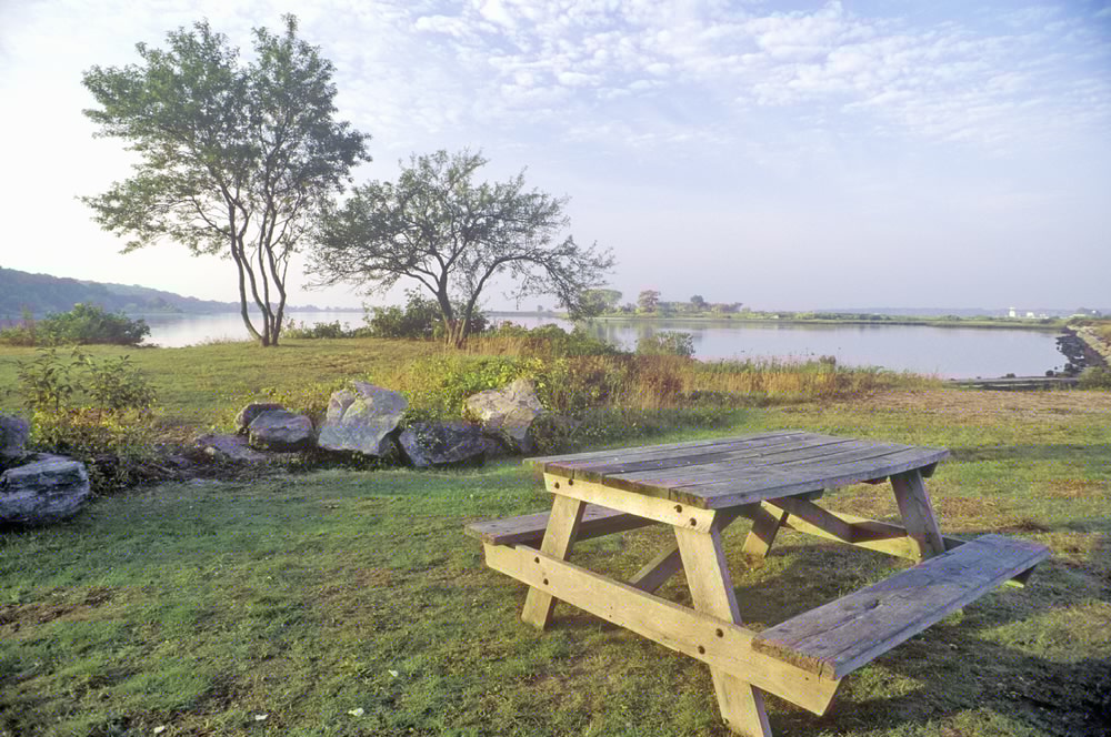 A wooden picnic table near a calm lake, surrounded by grass and trees under a cloudy sky.