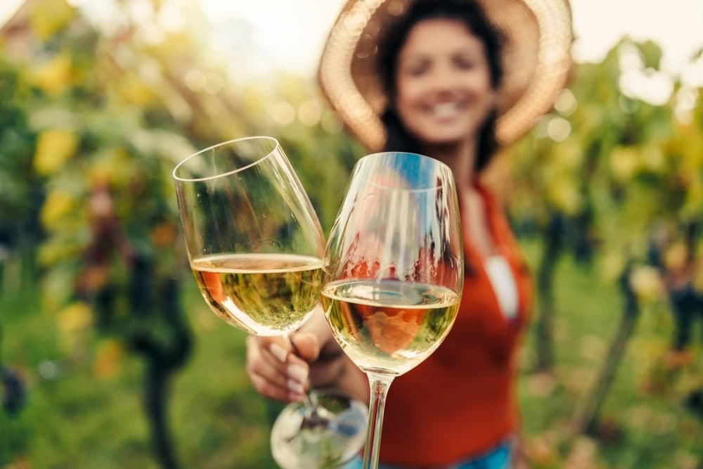 A woman in a straw hat joyfully holds up two glasses of wine in a vineyard.