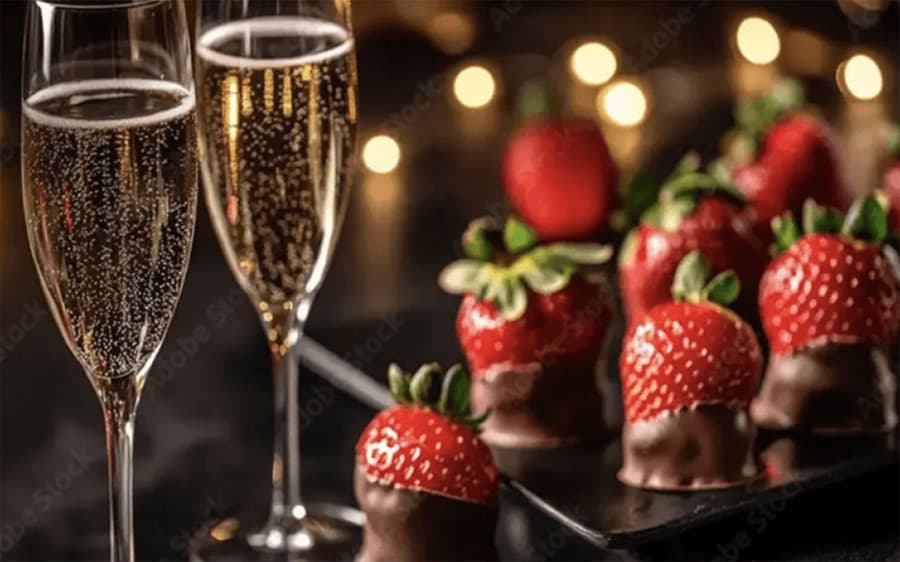 Two glasses of sparkling wine beside a plate of chocolate-covered strawberries.