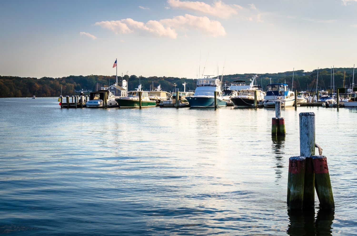 A peaceful marina with multiple boats docked at wooden piers under a clear sky.