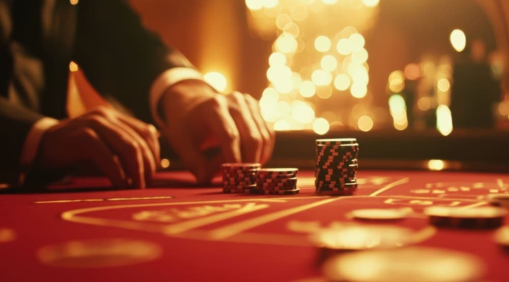 A close-up of hands placing poker chips on a red casino table.