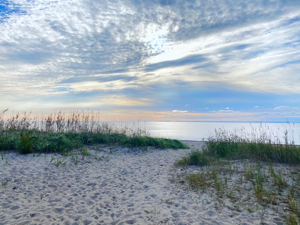 A serene beach scene with sand, grass, and a calm sea under a cloudy sky.