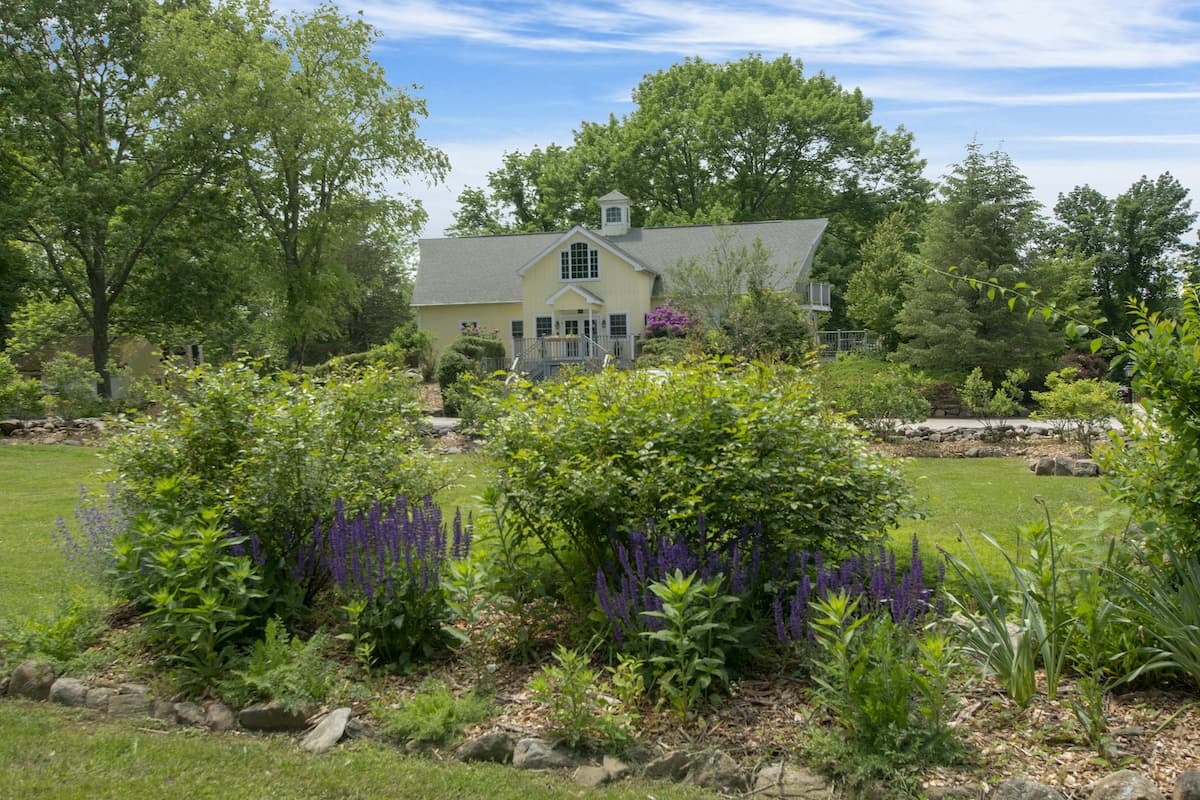 A yellow house surrounded by lush greenery and flowering plants under a clear blue sky.