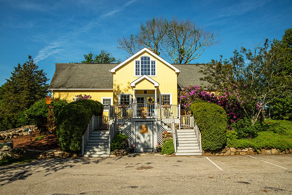 A quaint yellow house surrounded by greenery and flowers, featuring a set of stairs leading to the entrance.