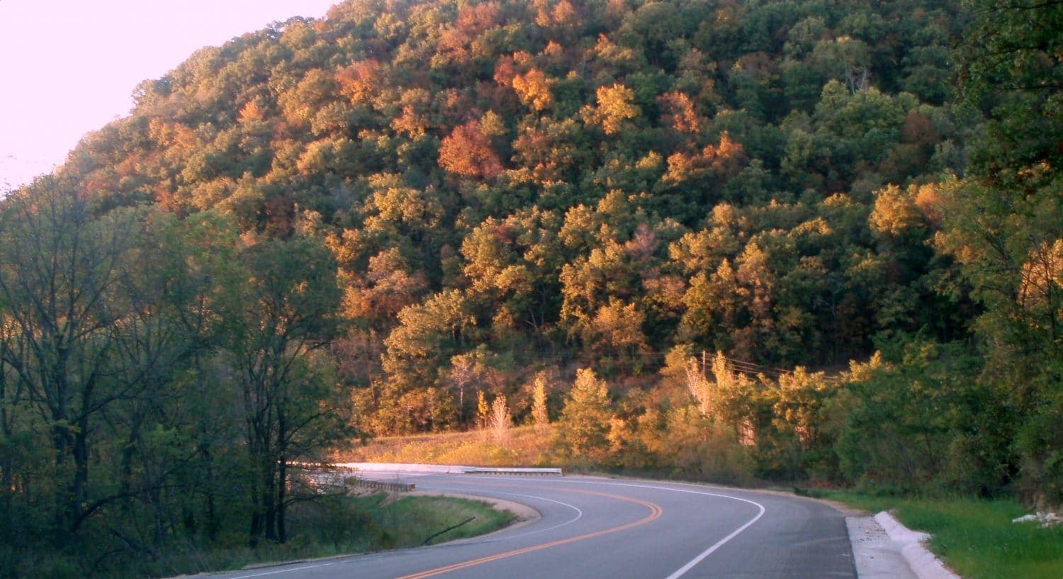A winding road curves alongside a lush, tree-covered hillside illuminated by warm sunlight.