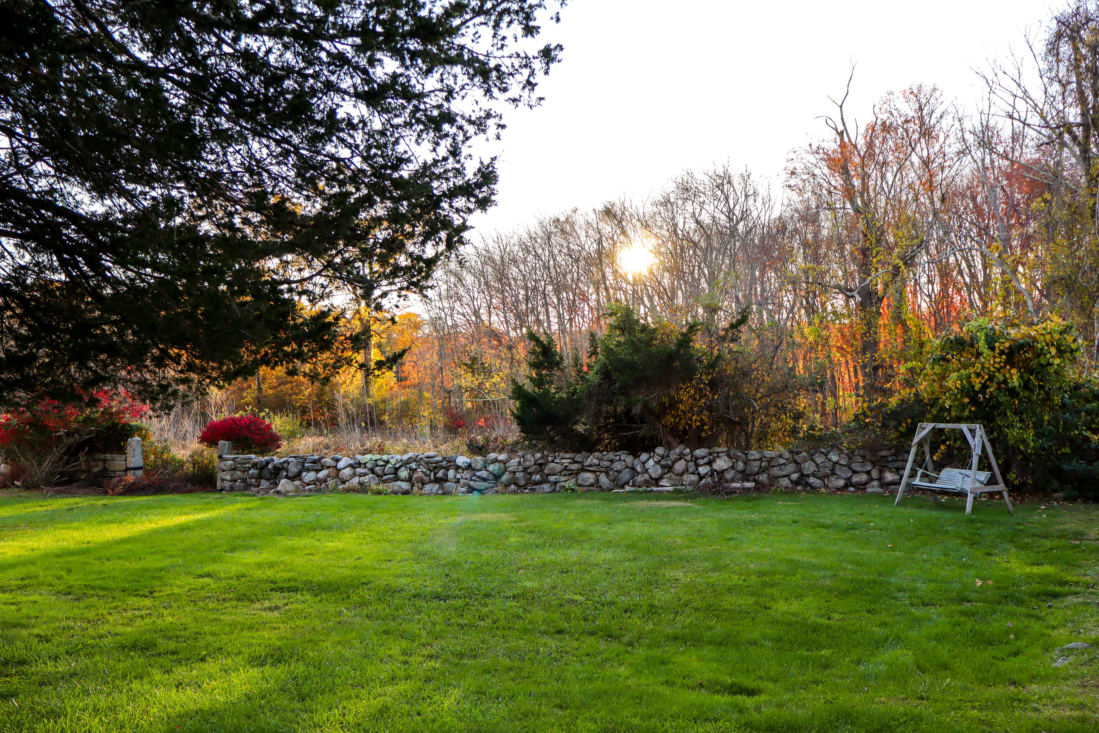 A serene backyard with a stone wall, green grass, and colorful trees at sunset.
