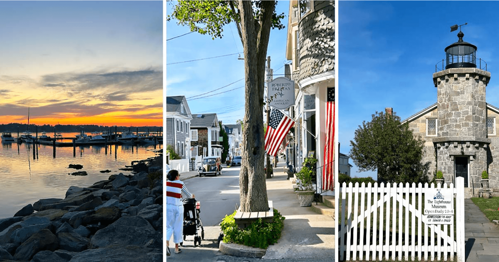 Sunset over a marina, a charming street with American flags, and a historic lighthouse.
