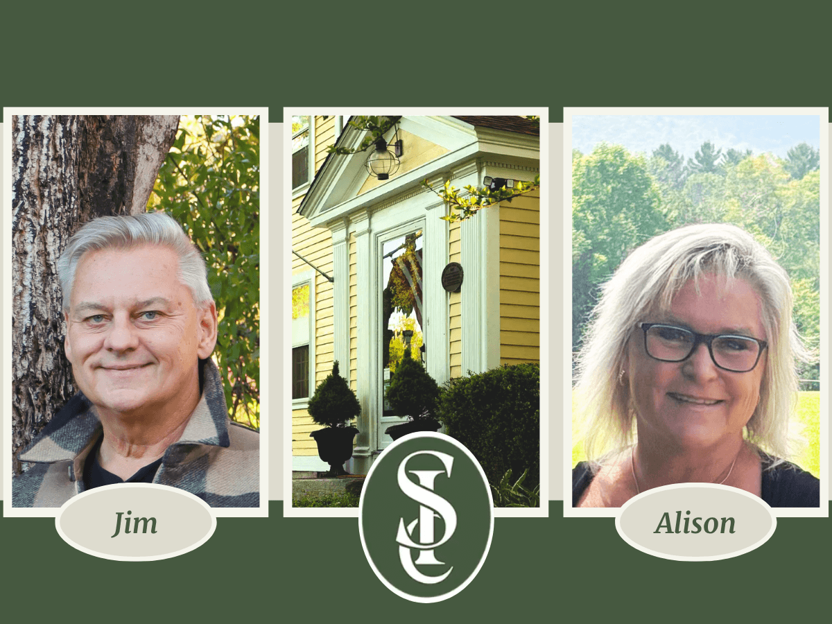 A split image featuring Jim on the left, a house entrance in the center, and Alison on the right, with a logo at the bottom.