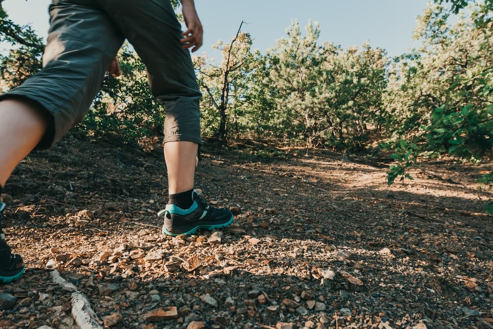 A person hiking on a dirt path through a forest.