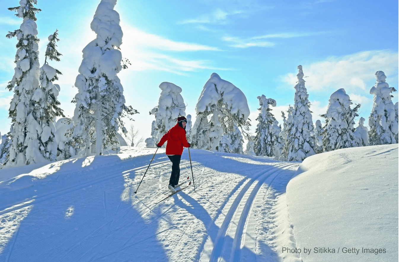 A skier in red glides through a snowy landscape with tall, snow-covered trees. A skier in red glides through a snowy landscape with tall, snow-covered trees.