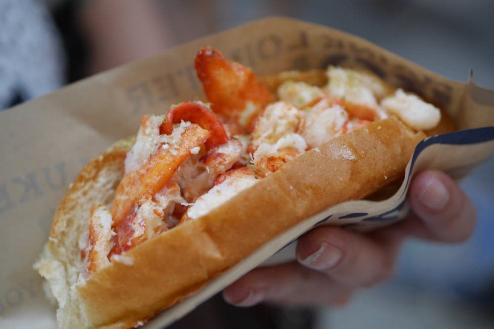 A hand holds a lobster roll filled with chunks of lobster meat on a toasted bun.