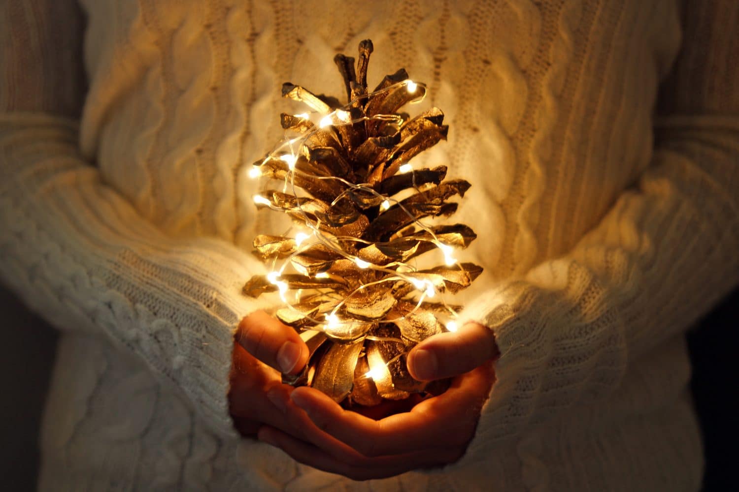 A person holds a decorated pine cone with warm fairy lights in their hands while wearing a cozy white sweater.