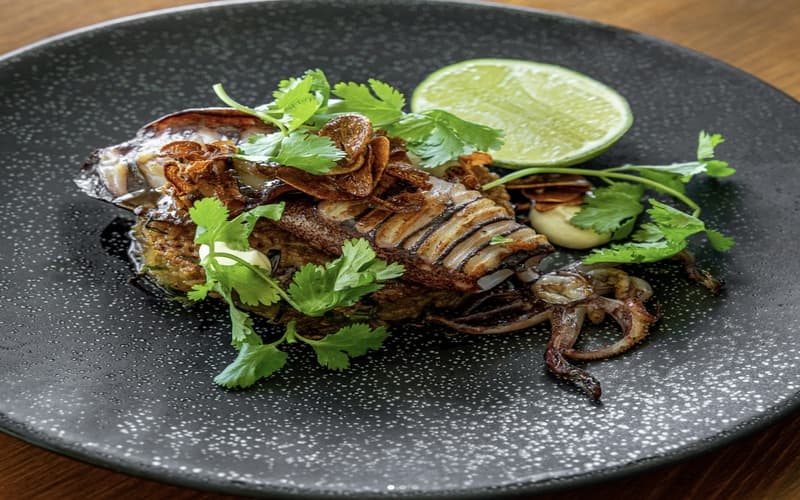 Grilled fish garnished with herbs and lime on a dark plate.