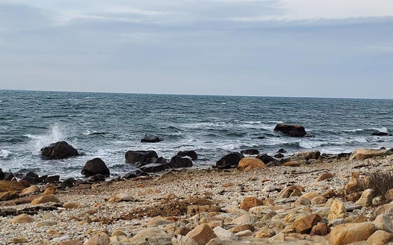 A rocky shoreline meets gentle ocean waves under a cloudy sky.