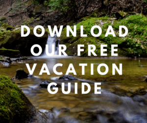 A serene stream flows through a lush forest with text encouraging downloads of a free vacation guide.
