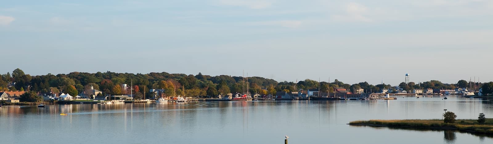 A serene waterfront view showcasing boats and trees along a calm river.