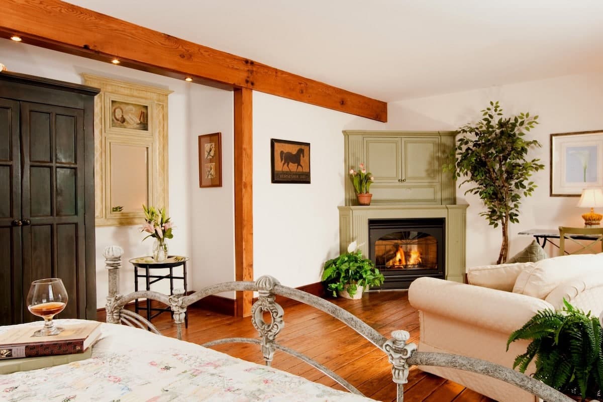Cozy bedroom featuring a fireplace, plants, and wooden beams.