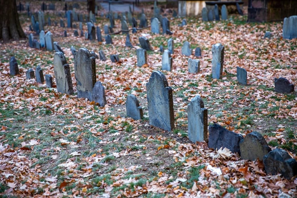 A graveyard with weathered tombstones surrounded by fallen leaves.