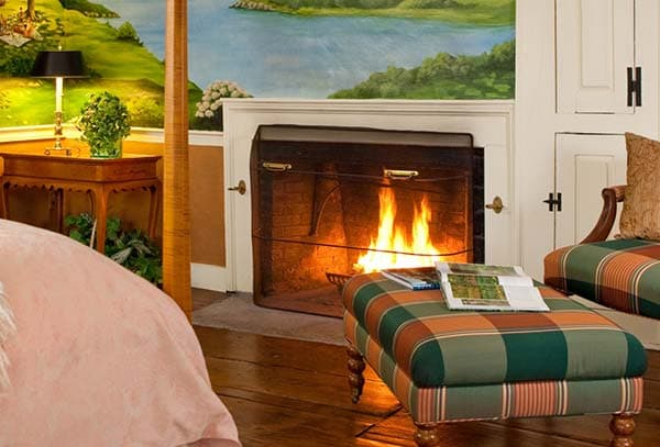 Cozy living room with a fireplace, an ottoman, and a scenic mural.