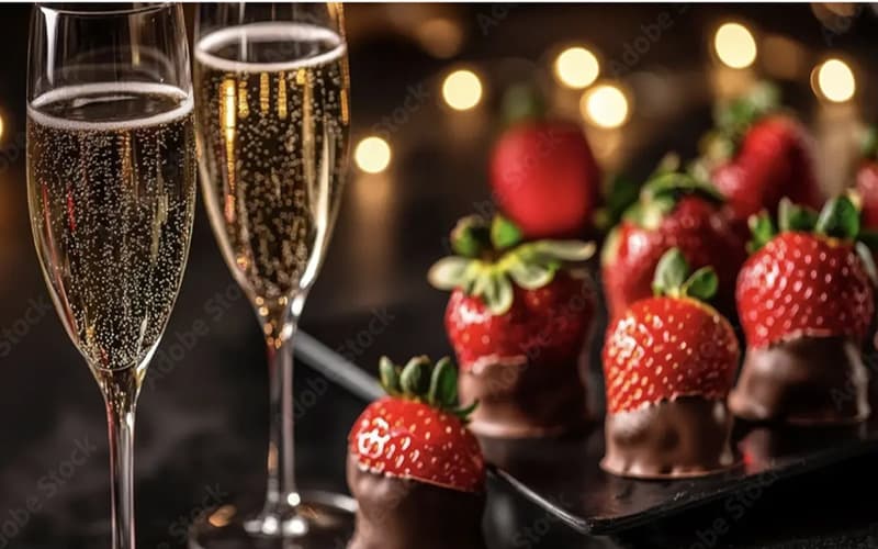Two fluted glasses of champagne beside a plate of chocolate-covered strawberries, softly illuminated by warm lights.