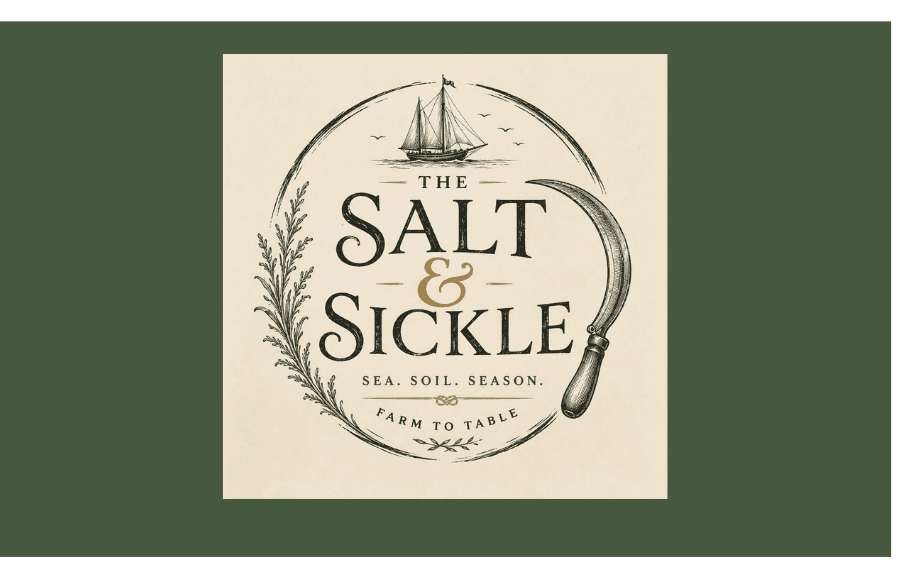 Logo of "The Salt & Sickle," featuring nautical elements and the phrase "Sea. Soil. Season. Farm to Table."