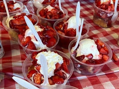 strawberry shortcake in plastic cups with white plastic spoons on a red and white gingham tablecloth