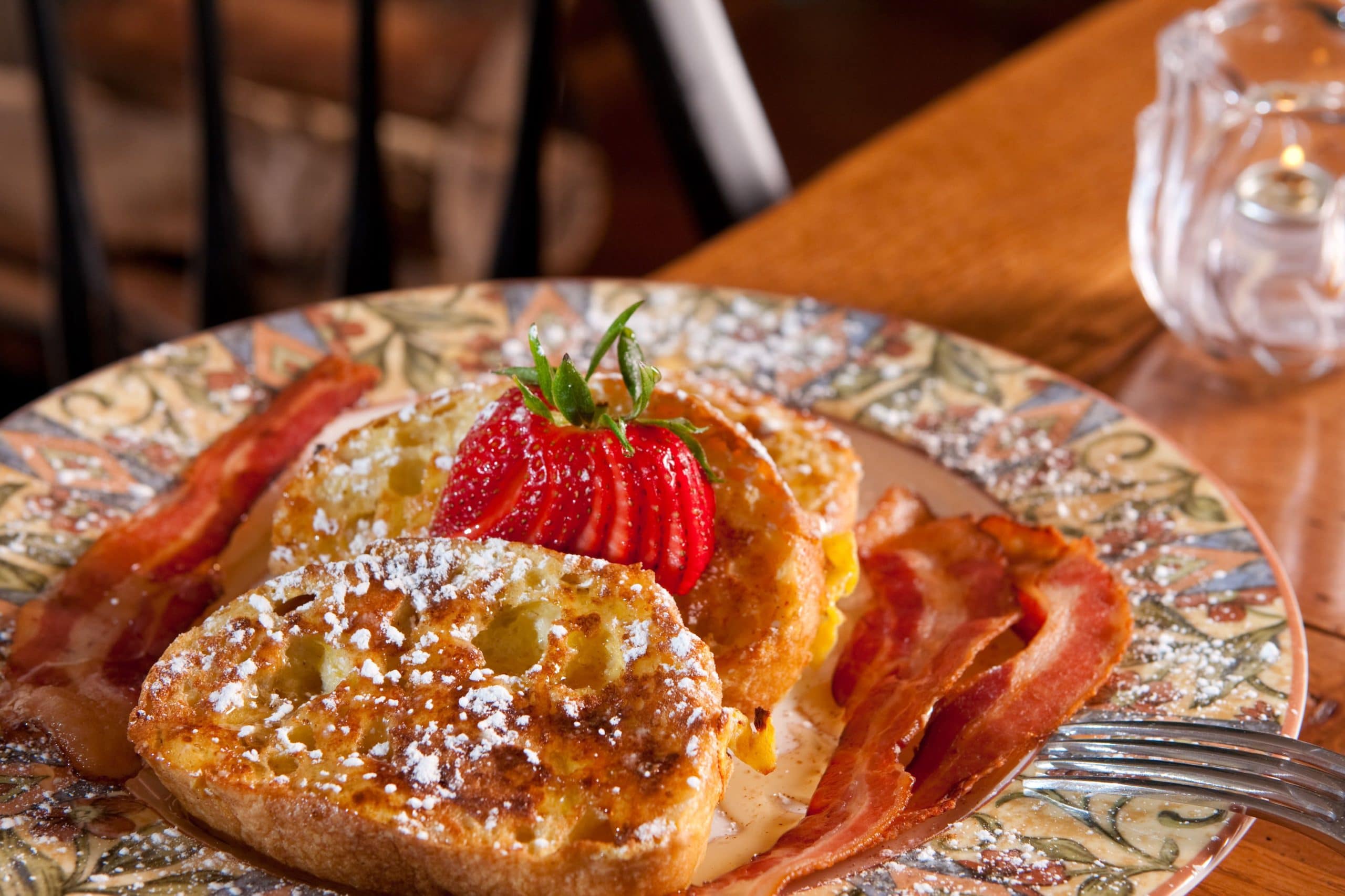 A breakfast plate of eggs and bacon at Stonecroft Inn, a bed and breakfast near Mystic Connecticut